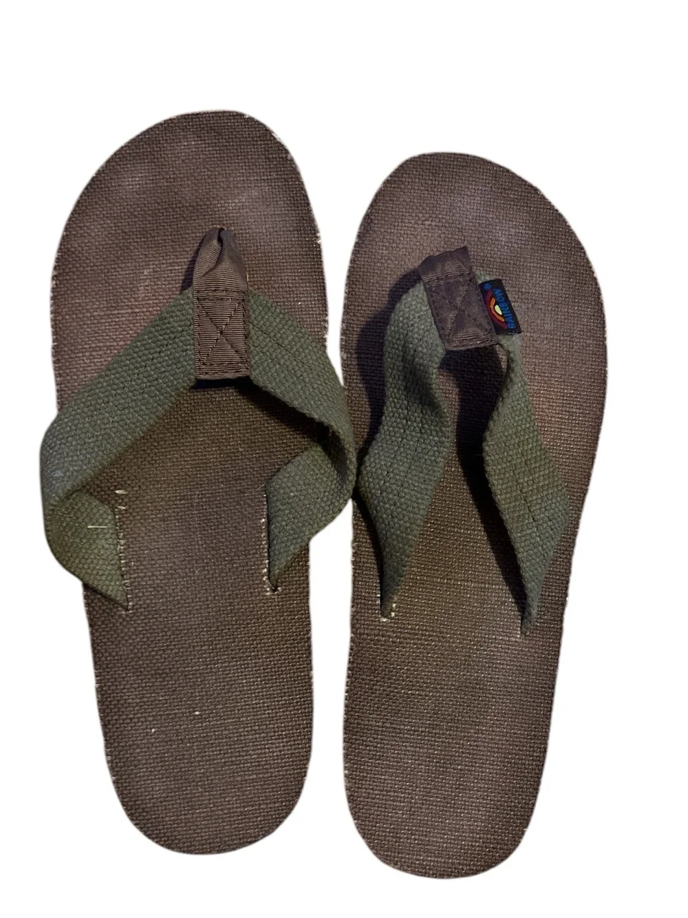 Rainbow Olive Green Hemp Strap Flip Flops with Dark Brown Footbed 7.5-8.5